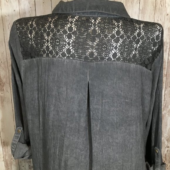 Umgee Tunic Top Shirt Blouse Lace Roll Tab Sleeves - Picture 7 of 9